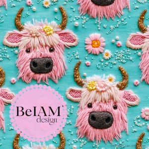 3D lente bloemen hooglandkoe naadloze patroon herhalend bestand voor stof sublimatie pastel koe digitale papier ambachtelijke beker ontwerp behang