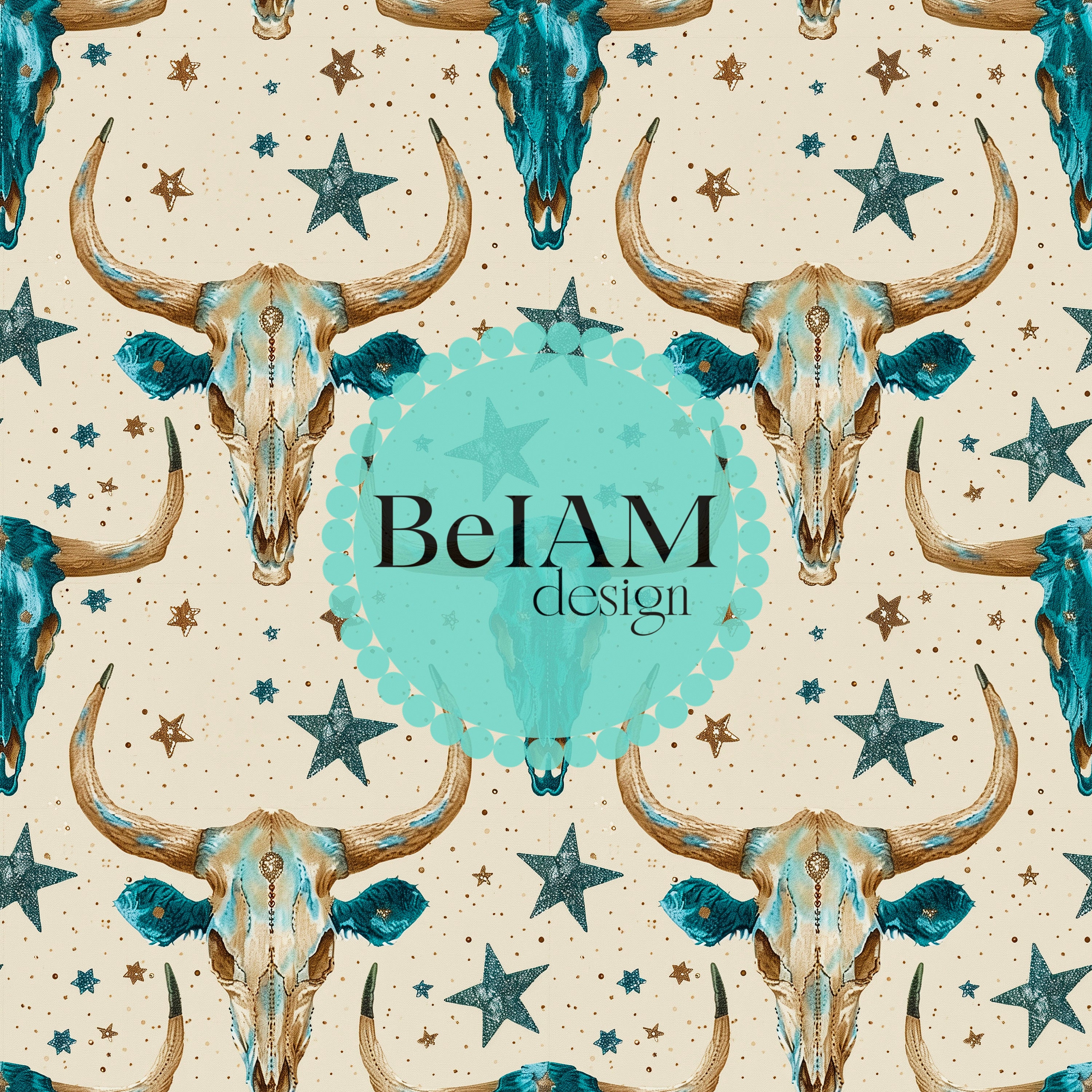 Boho Stars Cow Skull Seamless Pattern: Western Fabric, Wallpaper ...