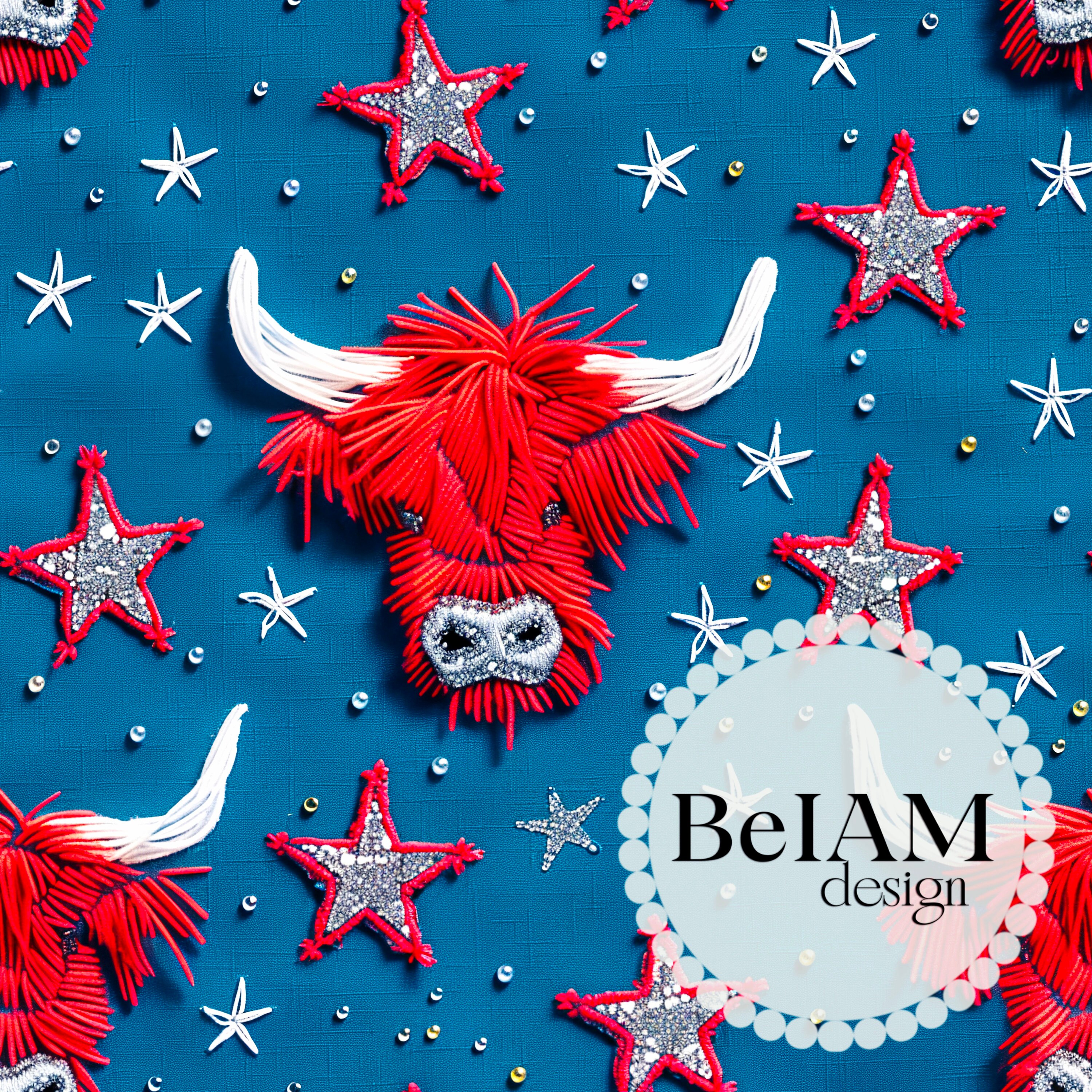 4th of July Cow Seamless Pattern: Glitter Stars Fabric Design