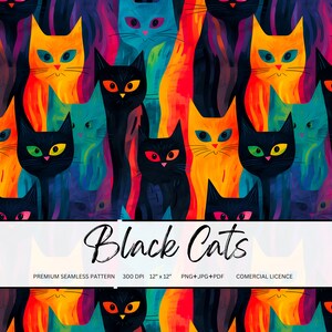 May include: A seamless pattern featuring black cats with bright orange, blue, and green fur. The cats are set against a colorful background with abstract brushstrokes.