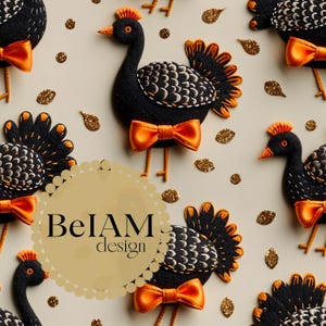 May include: Black and white embroidered felt turkeys with orange bows. The turkeys are arranged on a beige background with gold glitter accents. The image includes the text "BelAM design".