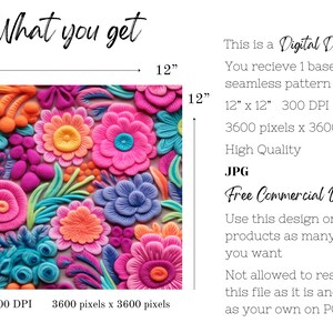 May include: A seamless digital download pattern featuring a colorful floral design with pink, orange, yellow, blue, and green flowers. The pattern is 12 inches by 12 inches and 300 DPI. It is a high-quality JPG image for free commercial use.