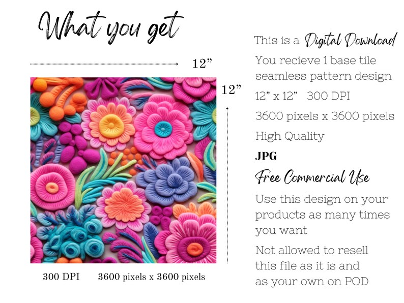 May include: A seamless digital download pattern featuring a colorful floral design with pink, orange, yellow, blue, and green flowers. The pattern is 12 inches by 12 inches and 300 DPI. It is a high-quality JPG image for free commercial use.