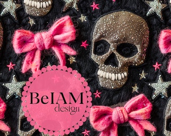 3D Coquette Skulls Seamless Pattern Repeating File for Fabric Sublimation Girly Halloween Digital Paper Scrapbook Surface Design Wallpaper