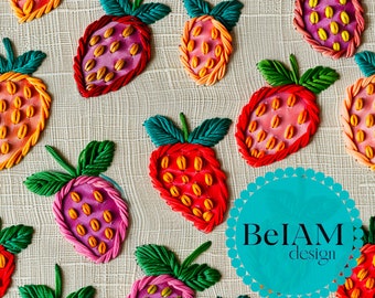 3D Faux Embroidered Strawberry Seamless Pattern: Seamless Fabric Sublimation (Digital Download)