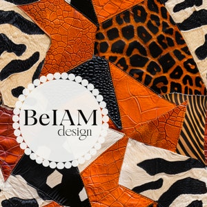 Peut inclure: Un gros plan sur un patchwork de différents tissus à motifs animaliers, notamment zèbre, léopard et crocodile. Les tissus sont disposés en un motif géométrique et sont tous dans des tons de brun, noir et blanc. Un cercle blanc avec le texte "BeIAM design" est au centre de l'image.