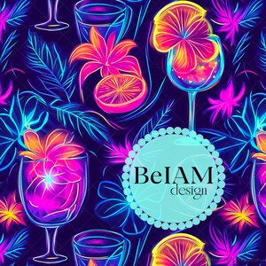 Patrón sin costuras de bebidas de cóctel de verano de neón, archivo repetido para sublimación de tela, papel tapiz con diseño de vaso, manualidades de papel digital de neón tropical