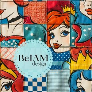 Pode incluir: Uma colcha de retalhos colorida com um esquema de cores azul, branco e vermelho. A colcha apresenta uma variedade de padrões, incluindo bolinhas, listras e desenhos xadrez. A colcha é decorada com um círculo grande azul com o texto "BelAM design" em branco.