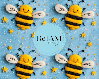 3D Cute Bee Seamless Pattern Repeating File Bees Stars Digital Paper