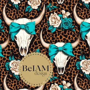 Girl Western Seamless Pattern Repeating File for Fabric Sublimation Teal Bows Cow Skull Digital Paper Custom Fabric Leopard Print Background