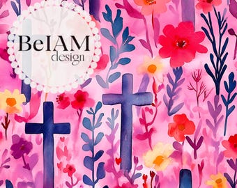 Floral Easter Cross Seamless Pattern: Christian Fabric Print (Digital)