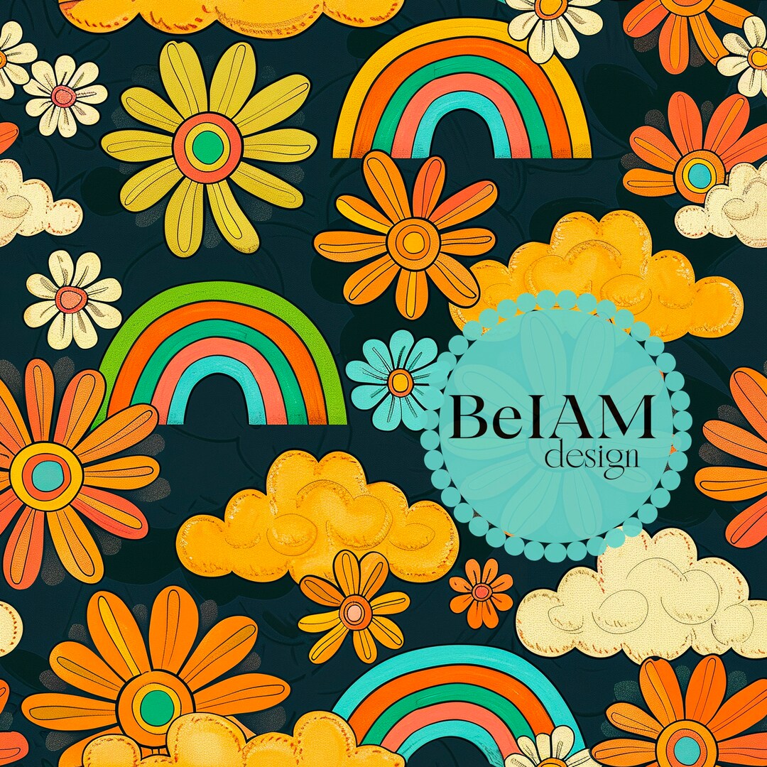 Groovy Retro Rainbow Floral Seamless Pattern Repeating File for Fabric ...