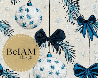 3D Blue Bow Baubles Seamless Digital Pattern: Xmas Fabric, Wallpaper (Digital File)