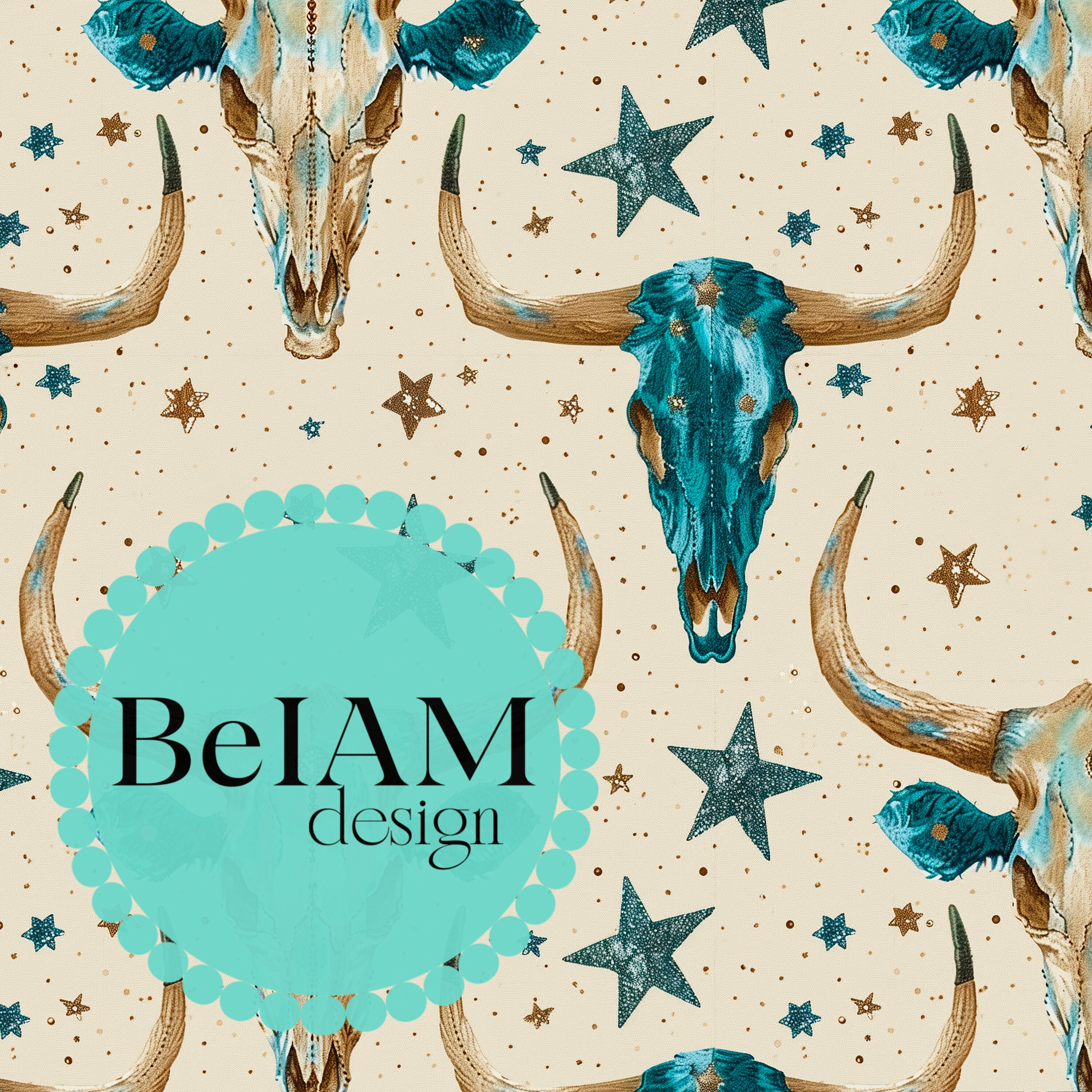 Boho Stars Cow Skull Seamless Pattern: Western Fabric, Wallpaper