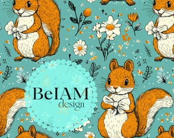 May include: A seamless pattern featuring cute cartoon squirrels with orange fur and white bellies, holding a bow. The squirrels are surrounded by white daisies and green leaves on a teal background. The text "BeIAM design" is in a circle in the center of the image.