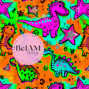 May include: A bright orange background with a repeating pattern of neon green, pink, and blue dinosaurs and silver stars. The text "BelAM design" is in a pink circle.