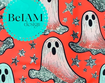 Retro Glittery Halloween Ghosts Seamless Pattern: Fabric Sublimation (Digital File)