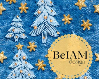 デニムのクリスマスツリーのシームレスなデジタルペーパー、布地