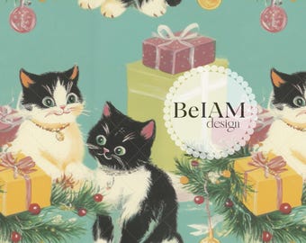 Patrón sin costuras de gatos navideños vintage: Tela navideña kitsch (papel digital)