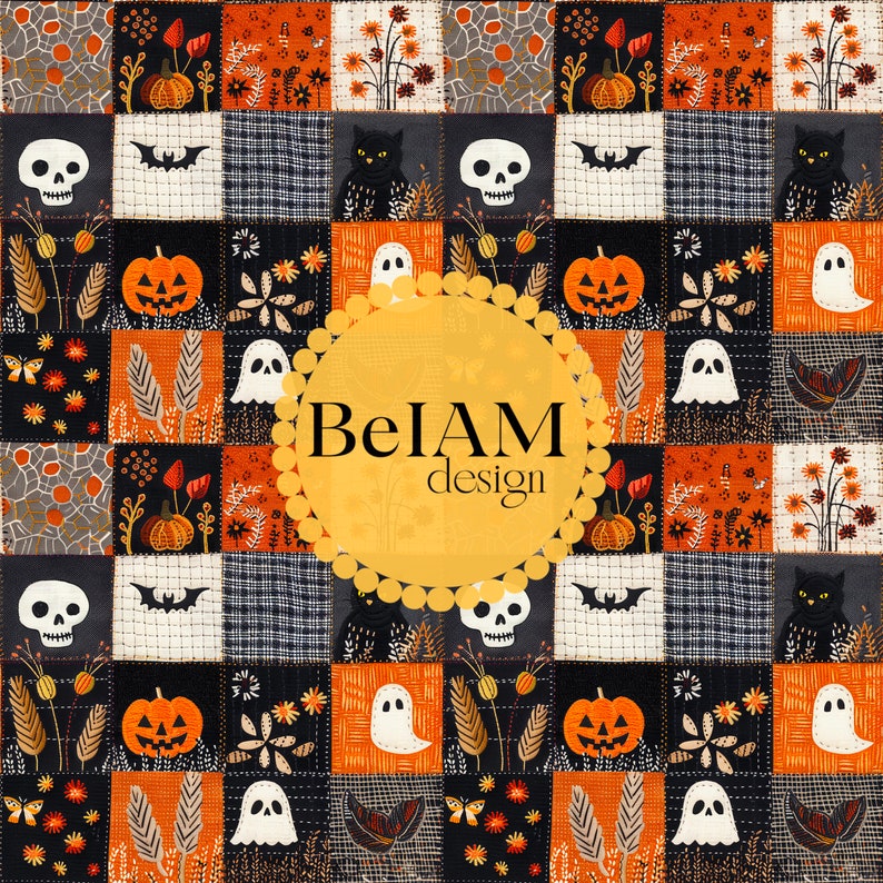 Op de afbeelding: Een kleurrijk patchworkpatroon met verschillende Halloween-thema-elementen, waaronder pompoenen, geesten, vleermuizen, schedels en zwarte katten. Het patroon is op een zwarte en oranje achtergrond geplaatst en bevat de tekst "BeIAM design".