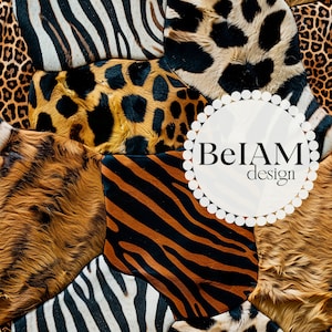 May include: A close-up of a patchwork of different animal print fabrics, including zebra, leopard, and tiger. The fabric is arranged in a circular pattern, with a white circle in the centre that says "BelAM design".