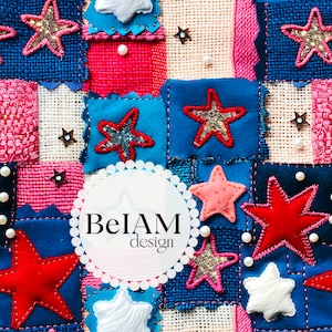 May include: A colorful patchwork quilt with a variety of textures and patterns. The quilt features stars, flowers, and geometric shapes in shades of blue, red, pink, and white. The quilt is made with a variety of fabrics, including burlap, cotton, and velvet. The quilt is signed "BeIAM design".