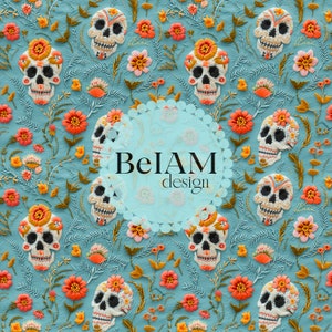 May include: A seamless pattern featuring colorful embroidered sugar skulls and floral designs on a light blue background. The pattern is perfect for fabric, wallpaper, or other creative projects.