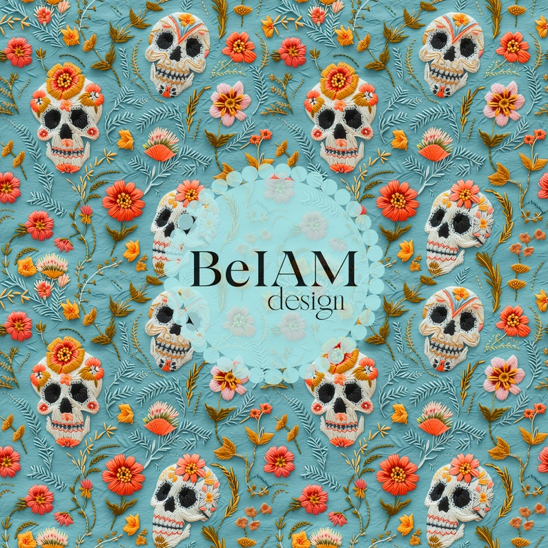 May include: A seamless pattern featuring colorful embroidered sugar skulls and floral designs on a light blue background. The pattern is perfect for fabric, wallpaper, or other creative projects.