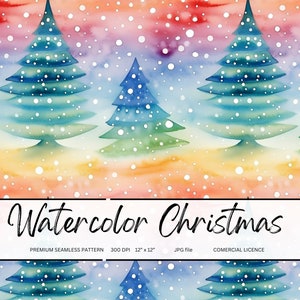 May include: A watercolour Christmas seamless pattern. It features blue and green Christmas trees with white snowflakes against a backdrop of red, orange, and yellow hues. The text "Watercolor Christmas" is displayed.