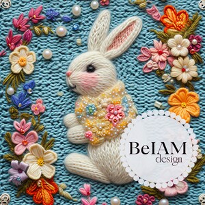 Helles pastellfarbenes gestricktes Häschen-Nahtloses Muster für Stoffsublimation. Florales Häschen-Digitalpapier. Ostern. Nahtloses Oberflächendesign. 3D-Nahtlos