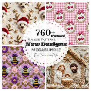 May include: A collage of four seamless pattern designs. The patterns include reindeer in Santa hats, cherries in pearl frames, bees with flowers, and a nativity scene. Text reads "760+ Seamless Patterns New Designs MEAGABUNDLE Free Commercial Use."