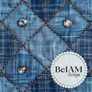May include: A close-up of a denim fabric with a diamond pattern and orange stitching. Three silver rhinestones are placed on the fabric. A white circle with a black border and the text "BelAM design" is in the lower right corner.