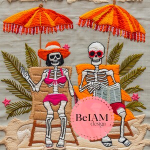 3D Sommer Skelett Sublimation Design Faux Stickerei Nahtlose Muster 3D Skelett Stoff Design Stickerei Skeleton Beach Design