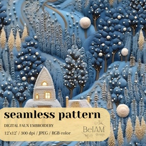 May include: A digital embroidery pattern featuring a snowy winter scene with a small house, trees, and snowballs. The pattern is 12 inches by 12 inches and has a resolution of 300 dpi. The pattern is in JPEG format and uses RGB color.
