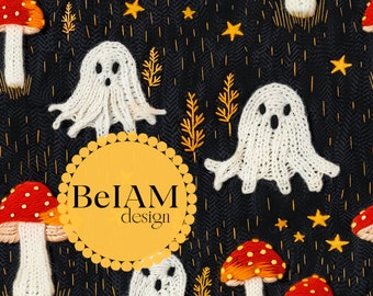 3D Retro Ghost Seamless Pattern: Faux Knit Fabric Sublimation (Digital Download)