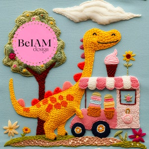 3D zomer dinosaurus borduurwerk naadloze patroon herhalen bestand voor stof sublimatie ijs naadloze baby kleding patroon 3D naadloze bestand