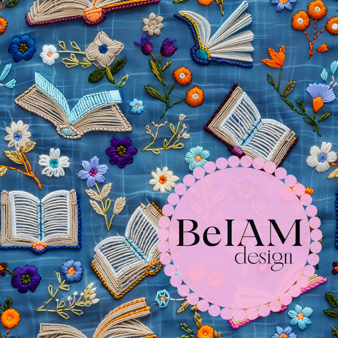 Blue Bookish Floral Embroidery Seamless Pattern: Fabric Sublimation ...