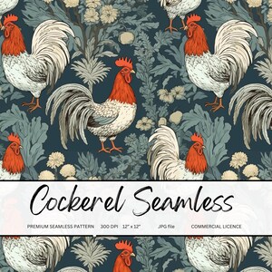 May include: A seamless pattern featuring a white rooster with a red comb and wattle, surrounded by stylized floral designs in shades of green, blue, and white. The pattern is set against a dark blue background.