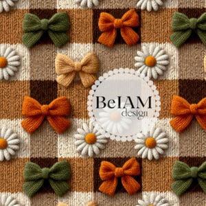 Peut inclure: Un tissu tricoté brun et beige à motif à carreaux. Le tissu est décoré de différents nœuds et marguerites de différentes couleurs, notamment le vert, l'orange et le blanc. Le texte "BelAM design" est visible au centre de l'image.