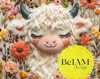 Highland Cow Wildflowers Seamless Pattern, Fabric Sublimation (Digital Download)