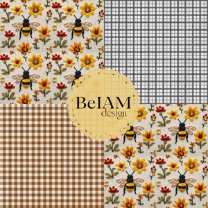 以下が含まれることがあります： 4つの異なるパターンを組み合わせたデジタルコラージュ。左上のパターンは、白い背景に黄色の花、赤い花、蜂が描かれています。右上のパターンは、グレーと白の市松模様です。左下のパターンは、茶色と白の市松模様です。右下のパターンは、白い背景に黄色の花、赤い花、蜂が描かれています。コラージュには「BelAM design」というテキストが含まれています。