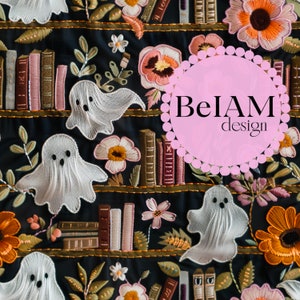 May include: A black fabric with embroidered images of books, flowers, and ghosts. The fabric has a pink circle with the text "BelAM design" in black.