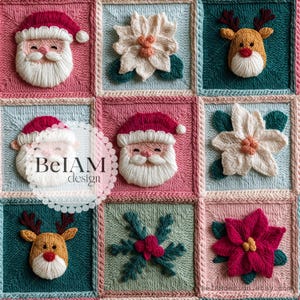 May include: A colorful, square-patterned Christmas-themed textile featuring embroidered Santa faces, reindeer, poinsettias, and floral designs. The squares are in shades of pink, teal, and cream, creating a festive holiday design.