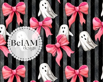 Pink Bows & Ghosts Seamless Pattern, Fabric Sublimation (Digital File)
