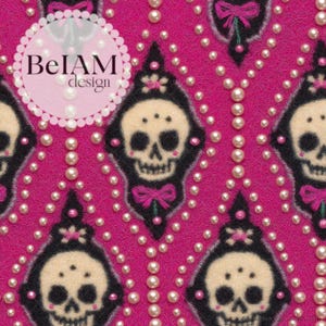 May include: A repeating pattern featuring stylized skulls with pink bows and black accents on a hot pink background. The design is embellished with faux pearls and the text "BeIAM design" in a circular frame.