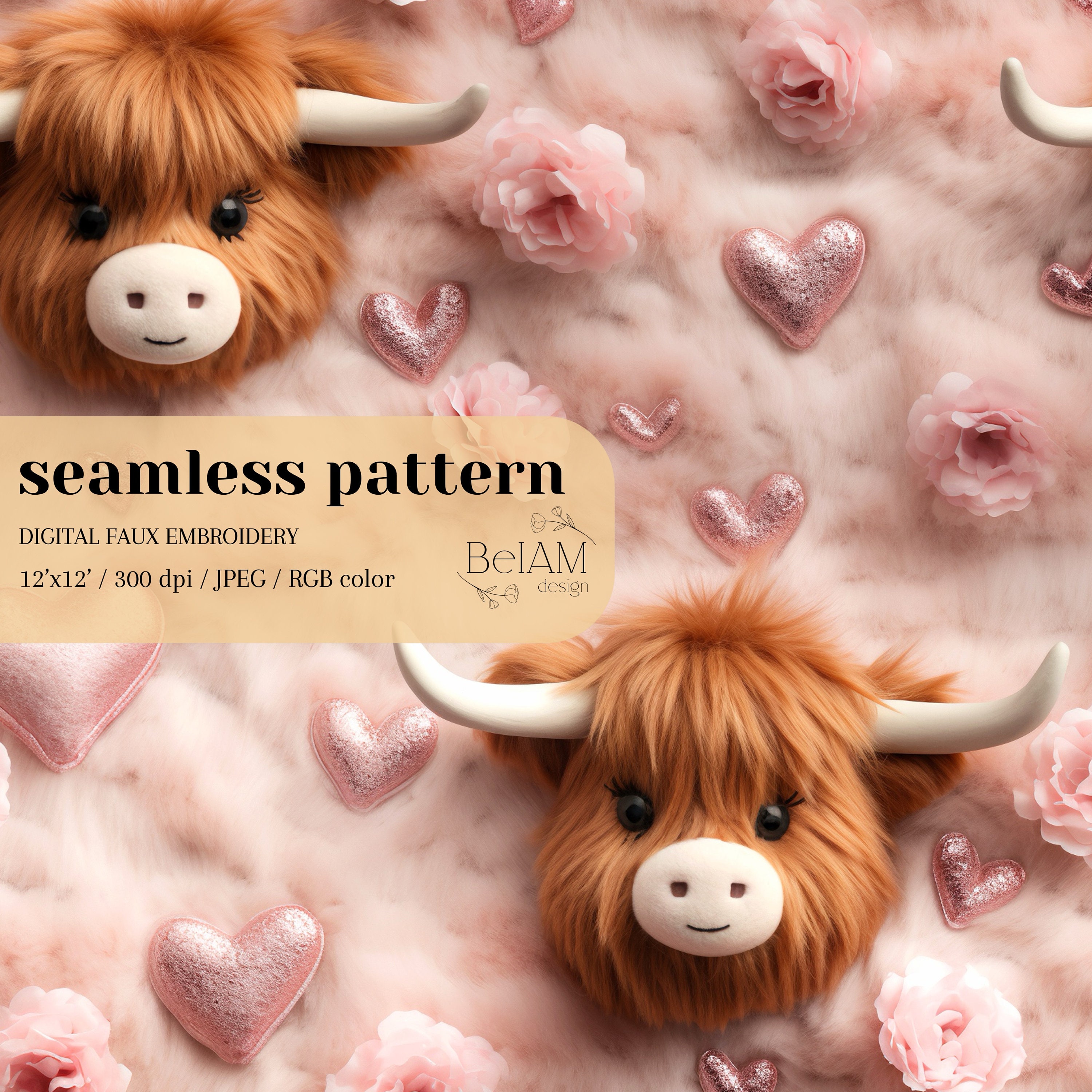Highland Cow Seamless Pattern, Cute Cow Fabric Design, Longhorn Cow  Seamless Pattern, Farm Animal Seamless File, Western Seamless Design 