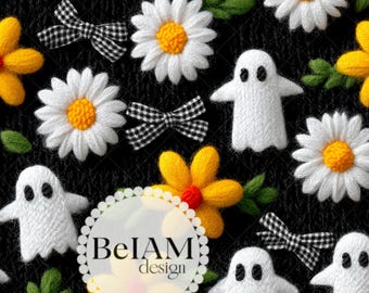 3D Daisy Ghost Bows Seamless Pattern: Spooky Floral Fabric (Digital Paper)