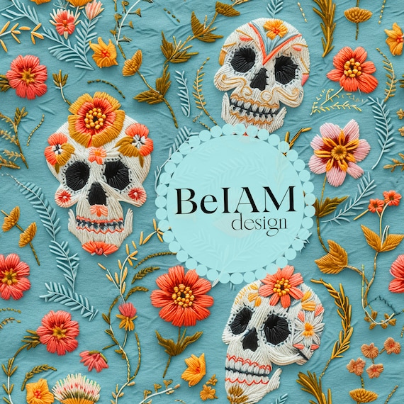 Floral Skull Embroidery Seamless Pattern: Cottagecore Fabric Design (Digital File)