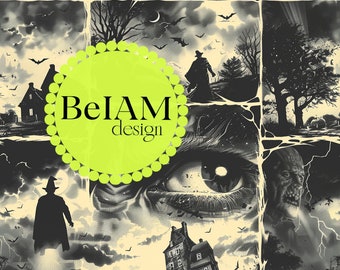 Retro Scary Halloween Collage Seamless Pattern: Spooky Digital Paper (JPEG)