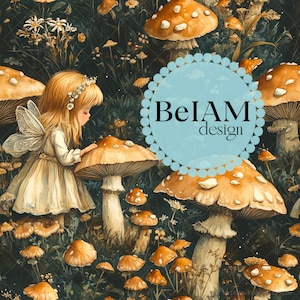 File di ripetizione senza soluzione di continuità con motivo di funghi fata stravaganti per sublimazione di tessuti, carta da parati con design digitale magico di bosco, tumbler